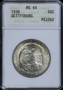 1936 Gettysburg Commem Half Dollar ANACS MS 64 | Soap Box Uncirculated UNC BU - Picture 1 of 4