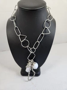 Silvertone*Chain*Abstract Design*Heart*Leaf*Charm Pendant Necklace Brutialist 9" - Picture 1 of 12