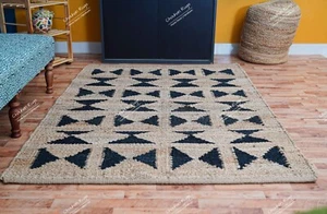 Indian Handwoven Beige Hemp Jute Rug With Black Design Rug For Living Room Decor - Picture 1 of 16