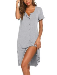 Nachthemd Damen Sommer Schlafshirt Kurzarm Nachtwäsche Knopfleiste Hellgrau XXL - Bild 1 von 7