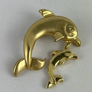 Vintage Dolphin Pin Brooch Mother Baby Charm 2” Gold Tone - Picture 1 of 4