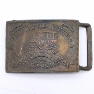VTG Henry Ford Detroit Automobile Record Model T Year Brass Belt Buckle - Patina - Picture 1 of 5