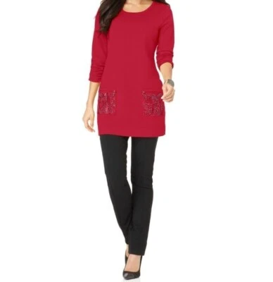 Suéter túnica Alfani rojo acanalado manga 3/4 cuentas frente mezcla algodón talla grande Foto 1 de 4