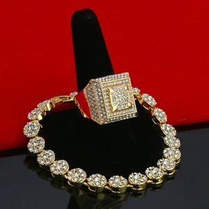 Men's Gold Plated Iced Cubic-Zirconia Hip-Hop Round Flower Bracelet 3D Dome Ring - Picture 1 of 5