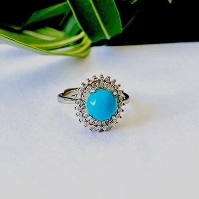 Anillo Turquesa Natural Hecho a Mano Estilo Diana Anillo Deco Diamante Halo Ajustable Foto 1 de 4
