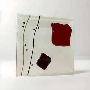 80s Abstract Fused Glass Plate 9in Square Modern Design Studio Art Red Purple - Picture 1 of 4