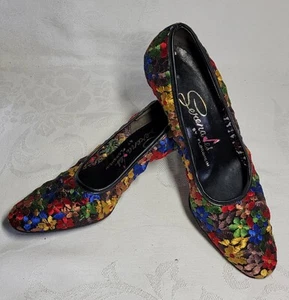 Vintage Serenades By Florsheim Shoes Stiched Flowers Size 7 Narrow Boho 2" Heel - Picture 1 of 8