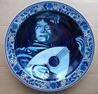 Blue Delft wall plate, Frans Hals "Lute Player" hand painted, large, 31cm across