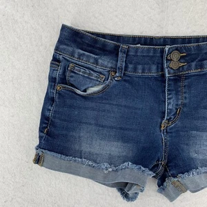 Mudd Denim Whiskered Cut Off Cuffed Shorts Girls Dark Wash Denim Blue Size 16 - Picture 1 of 12