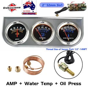 2'' 52mm Chrome Car 3in1 Triple Gauge Set Kit AMP Meter Oil Pressure Water Temp - Picture 1 of 13