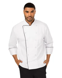 NUEVO CON ETIQUETAS ABRIGO DE CHEF EJECUTIVO DICKIES UNISEX EN BLANCO CON TUBERÍAS NEGRAS DC42B - Imagen 1 de 3