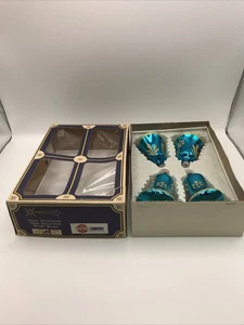 Vintage Behrendt mundgeblasenes Glas blaue Glocke Ornamente 4er Set in Box Kolumbien NOS - Bild 1 von 5