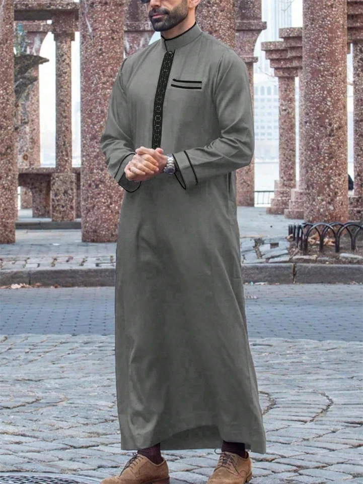 Para hombres Manga Larga Musulmana Ropa Arabia Saudita Jubba Kaftan Thobe Vestido Largo Bata Foto 1 de 4