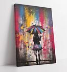 BANKSY STYLE UMBRELLA GIRL RAINBOW RAIN -FRAMED CANVAS WALL ART PICTURE PRINT