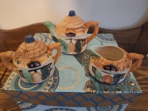 Antique Thatched Cottage Ware Teapot / Sugar / Creamer Japan Pottery - Picture 1 of 14