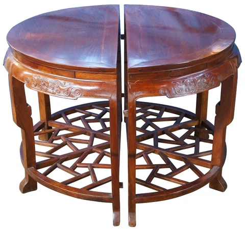 2 Antique Chinese Qing Elm Demilune Half Moon Chinoiserie Console Center Tables Cover