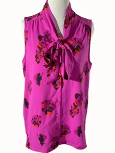 Rachel Zoe Womens Floral Sleeveless Blouse Bow Neck Tie Pink Black NEW Large - Picture 1 of 9