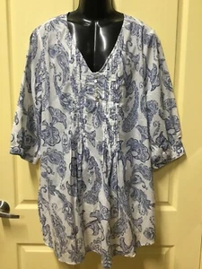 AUTOGRAPH WHITE & DENIM BLUE “PAISLEY" 3/4 SLEEVE PINTUCK TOP SZ 22-NEW STOCK - Picture 1 of 12