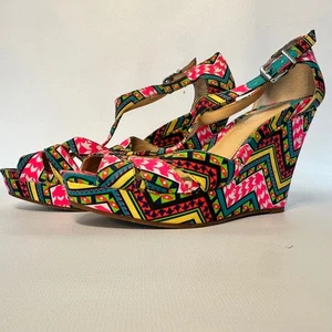Gianni Bini Cuñas Talla 6.5M Colorido Tela Plataforma Tobillo Correa Tacones Zapatos - Imagen 1 de 11