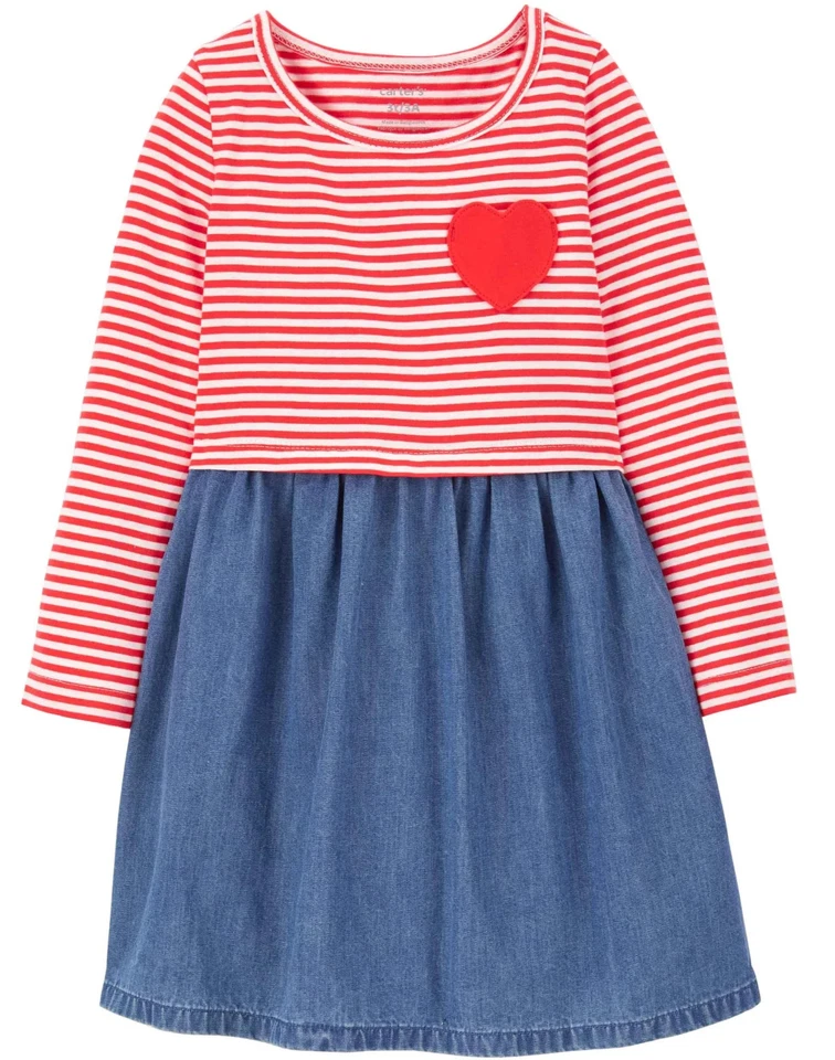 Vestido Carter's Niñas Pequeñas Rojo Rayas/Cambray Manga Larga - Talla 4 - Nuevo con Etiquetas Foto 1 de 1