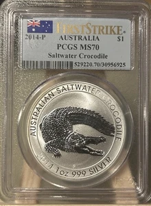 2014 $1 Australia Saltwater Crocodile 1 Oz Silver PCGS MS70 First Strike .9999 - Picture 1 of 3
