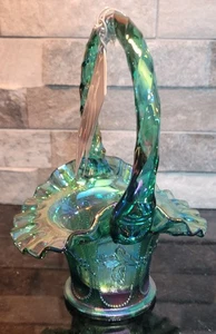 Fenton Irridescent Carnival Glass Ruffled Basket Vintage Blue/Green 7" Tall - Picture 1 of 12