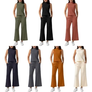 Women Summer 2 Piece Outfit with Cropped Sleeveless Top and Wide Leg Pants Set - Picture 1 of 43