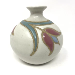 Art Pottery Bisque And Glazed Clay Tulip Flower Round Bud Vase Signed - Picture 1 of 6