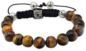 Tigers Eye Bracelet Men Women 10mm Beaded Adjustable Cuff Silver - Picture 1 of 3