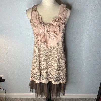 Vestido Anthropologie Ryu crochê renda blush rosa marrom tecido flores P Y2K - Imagem 1 de 4