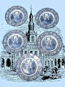 STAFFORDSHIRE Liberty Blue Independence Hall COLONIAL Dinner Plates SET OF 5 - Picture 1 of 6