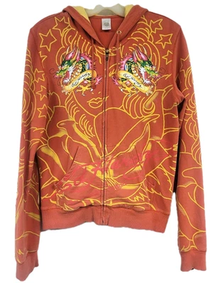 MOLETOM COM CAPUZ FEMININO ED HARDY CHRISTIAN AUDIGIER Y2K TATUAGEM DE CAVEIRA DE MARINHEIRO COM ZÍPER PEQUENO - Imagem 1 de 4