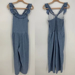 Gap Kids Chambray Denim Jumpsuit XXL Girls Ruffle Trim Wide Leg Cotton Blue NEW - Picture 1 of 9