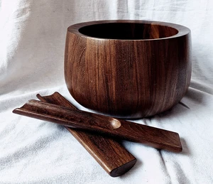 Dansk 10" Tulip Salad Bowl Staved Teak Wood Serving Paddles Set MCM Danish JHQ - Picture 1 of 17