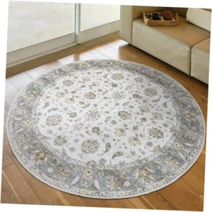 Round Rug 6ft Washable Area Rug, Vintage Rug Indoor Floor 6*6 Yellow Grey - Picture 1 of 8