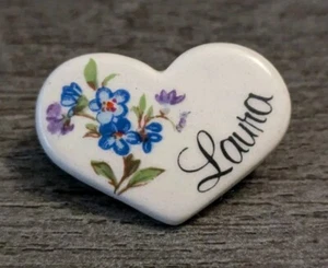 "Laura" Name White Ceramic Heart Blue Floral Design 1980's Collectible Lapel Pin - Picture 1 of 4