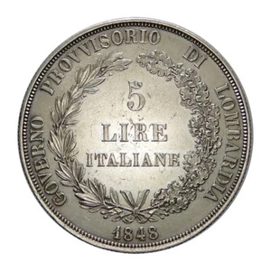 MILANO GOVERNO PROVVISORIO 5 LIRE AG 1848 Base spessa rami corti stella vicina - Foto 1 di 2