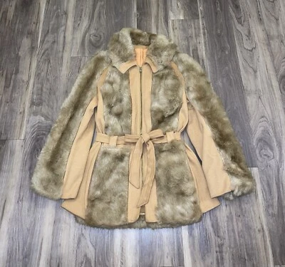 Abrigo vintage de piel sintética SEARS Penny Lane años 70 con cinturón bolsillos tostados Foto 1 de 4