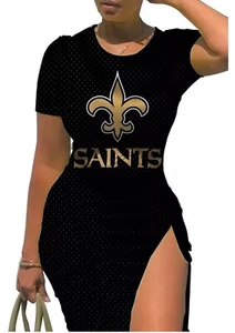 New Orleans Saints Women's Black & Gold Bodycon Lace Up Dress - Picture 1 of 3