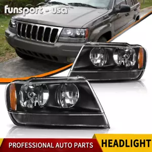 Headlights for 1999-2004 Jeep Grand Cherokee Black Housing Amber Headlamps Pair - Picture 1 of 15
