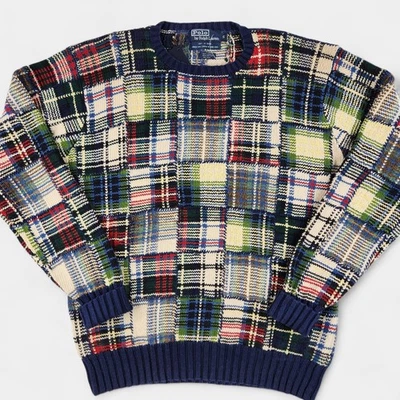 Polo Ralph Lauren Sweater Mens Small Multi Tartan Patchwork Crewneck Linen Silk - Image 1 of 4