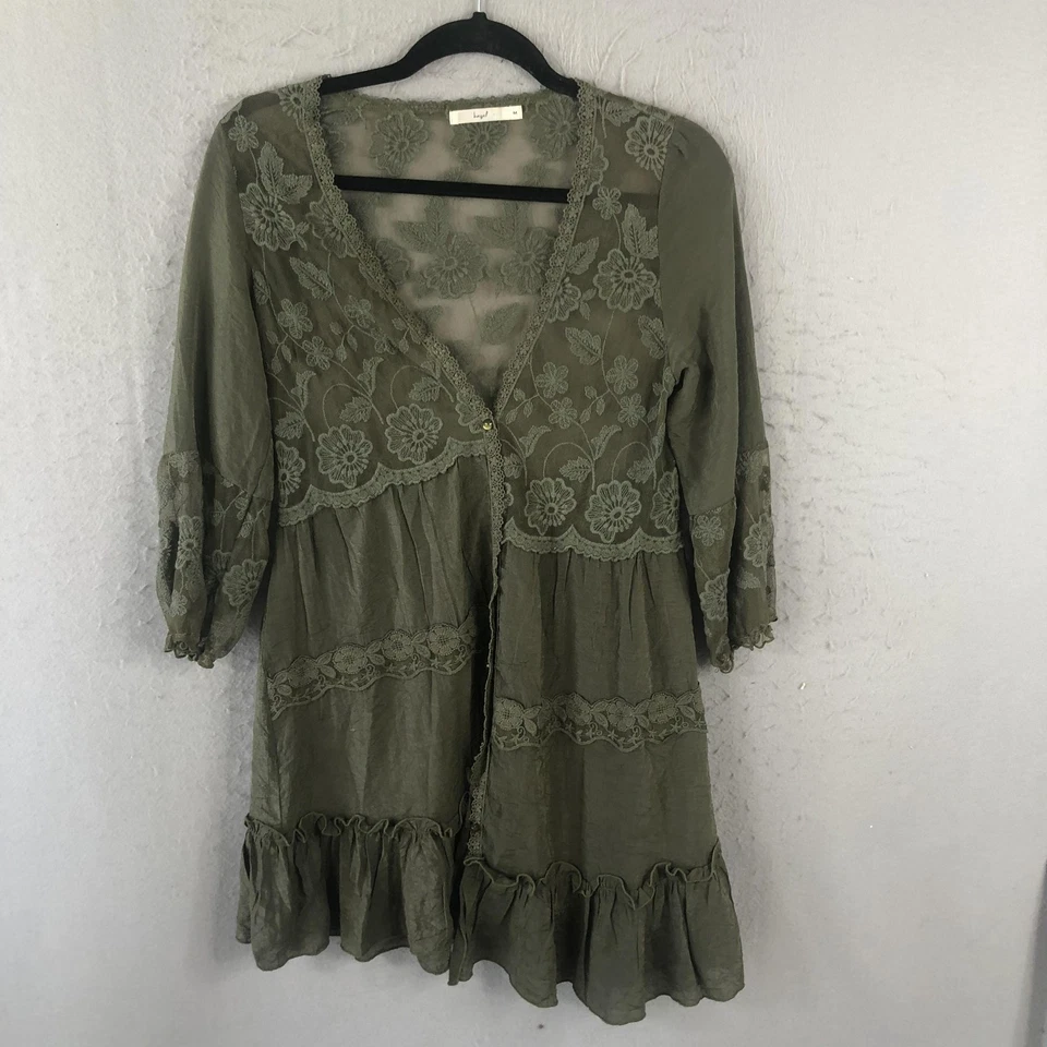 Hazel Dress Womens Medium Olive Green Sheer Lace Boho Ruffle Fairy Feminine Foto 1 de 4