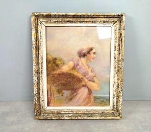 PASTEL Peinture TABLEAU Cadre Femme Scene Polychrome PAYSANNE XIXe Art O33 - Bild 1 von 11
