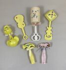 (6) VINTAGE PLASTIC BABY RATTLES PINK/YELLOW HAND PAINTED FLOWERS UNBRANDED