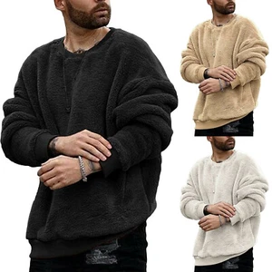 Mens Fuzzy Fluffy Fleece Sherpa Pullover Sweatshirts Long Sleeve Tops Outwear - Picture 1 of 15