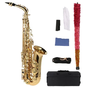 Juego completo de saxofón alto Eb latón lacado dorado E saxo plano 802 tipo llave viento madera - Imagen 1 de 12
