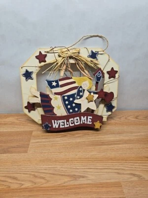 Rustic Red White Blue Patriotic American Hanging Wooden Wall 13"x 12"  - Image 1 of 4