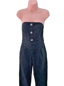 H&M Denim Bandeau Jumpsuit Rhinestone Buttons, Size UK 10, Black (XU0109) - Picture 1 of 17