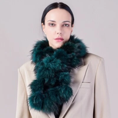 Women Real Rabbit Fur +Raccoon Fur Scarf Warm Knitted Neckerchief W Pompom Ball - Image 1 of 4