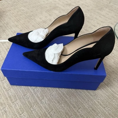 Zapatos de salón Stuart Weitzman negros de gamuza festoneados punta, talla 7 EU 37,5 excelentes Foto 1 de 4